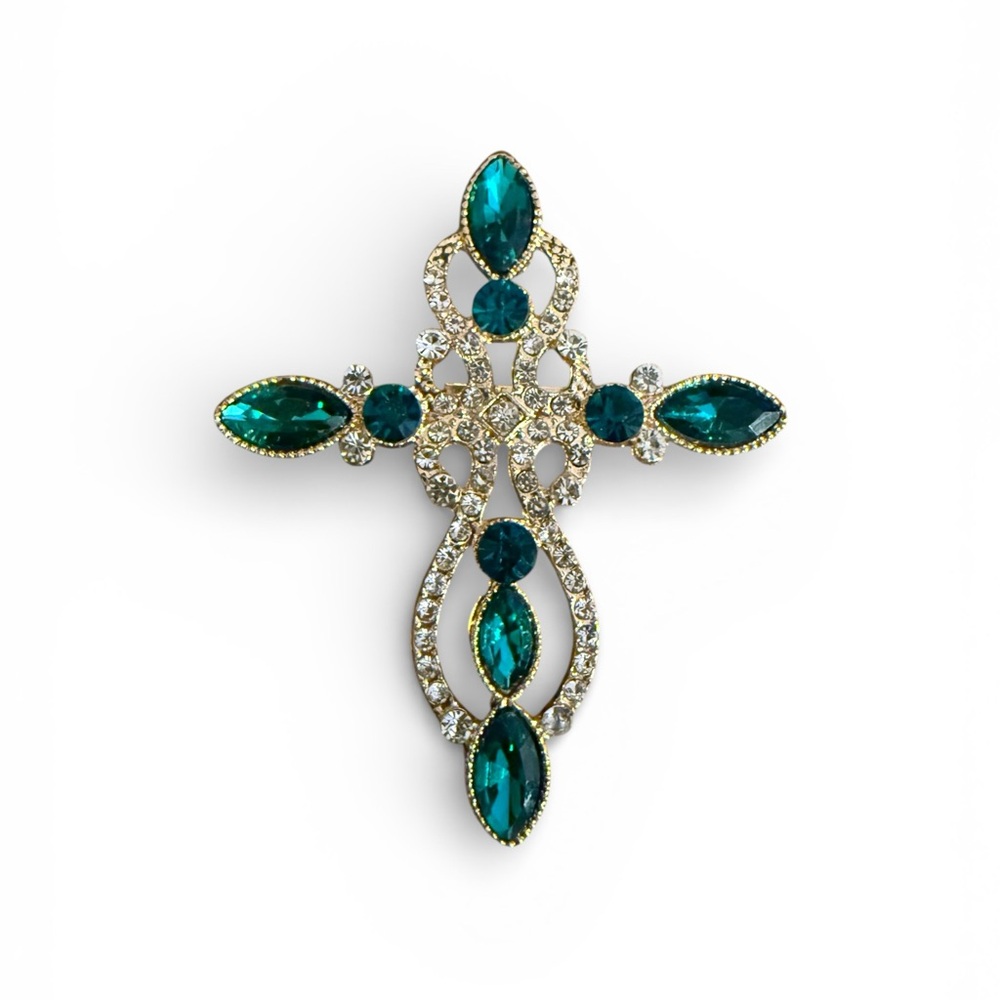 Mint Green and Gold Cross Brooch